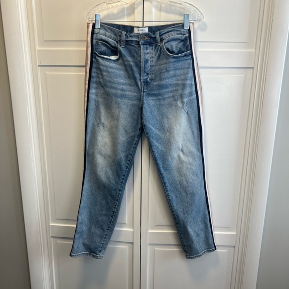 Pistola Nico High Rise Mom Jeans With Metallic Side Stripe Size Women’s 30 Blue